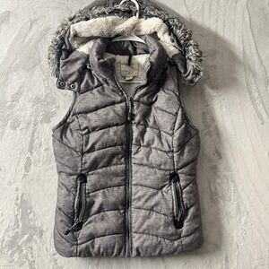 Green Tea Puffer Vest Women's Small Gray Faux Fur Hooded Sleeveless Jacket